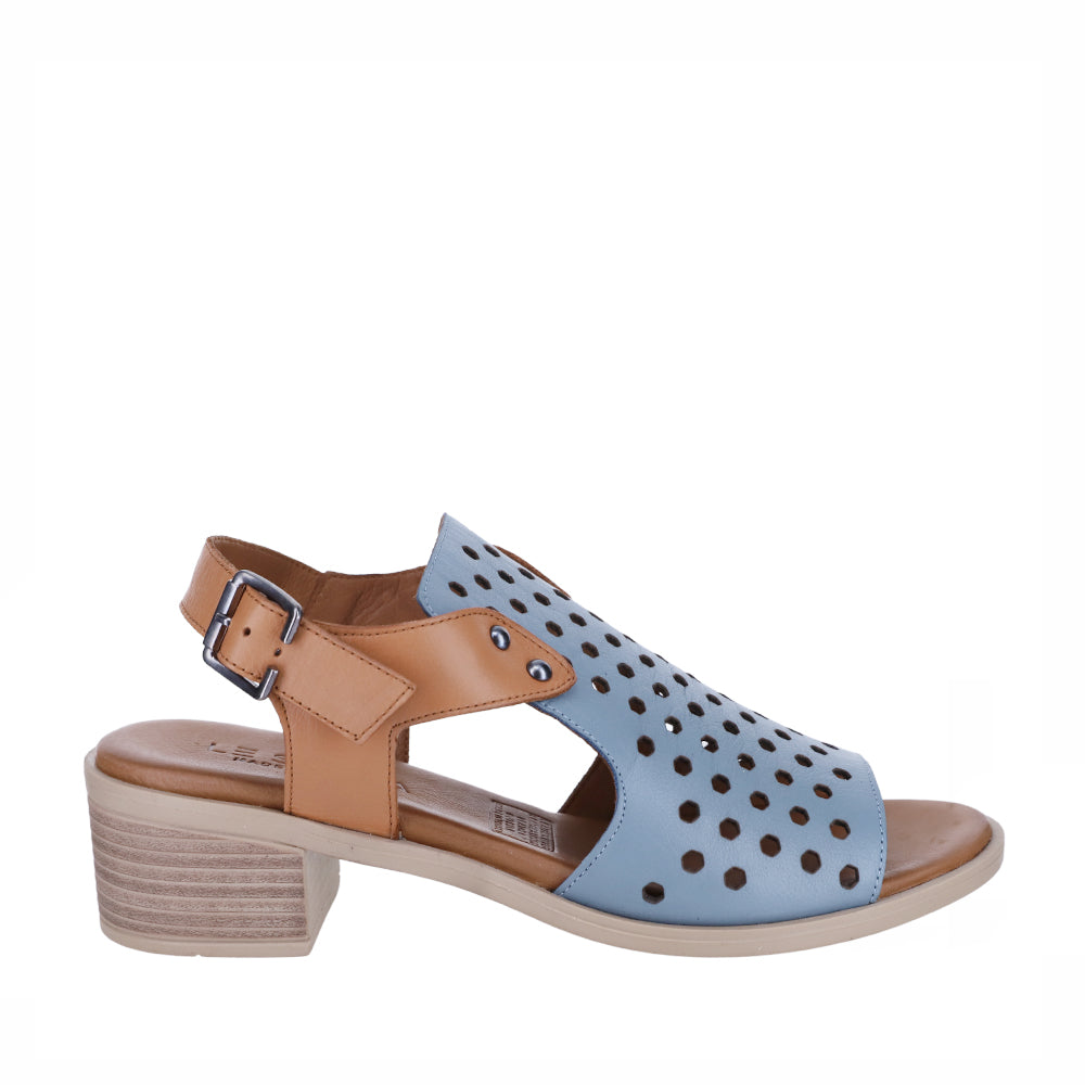 Le Sansa Lesansa Doha navy tan sandals with open toe design and adjustable straps on a neutral background.