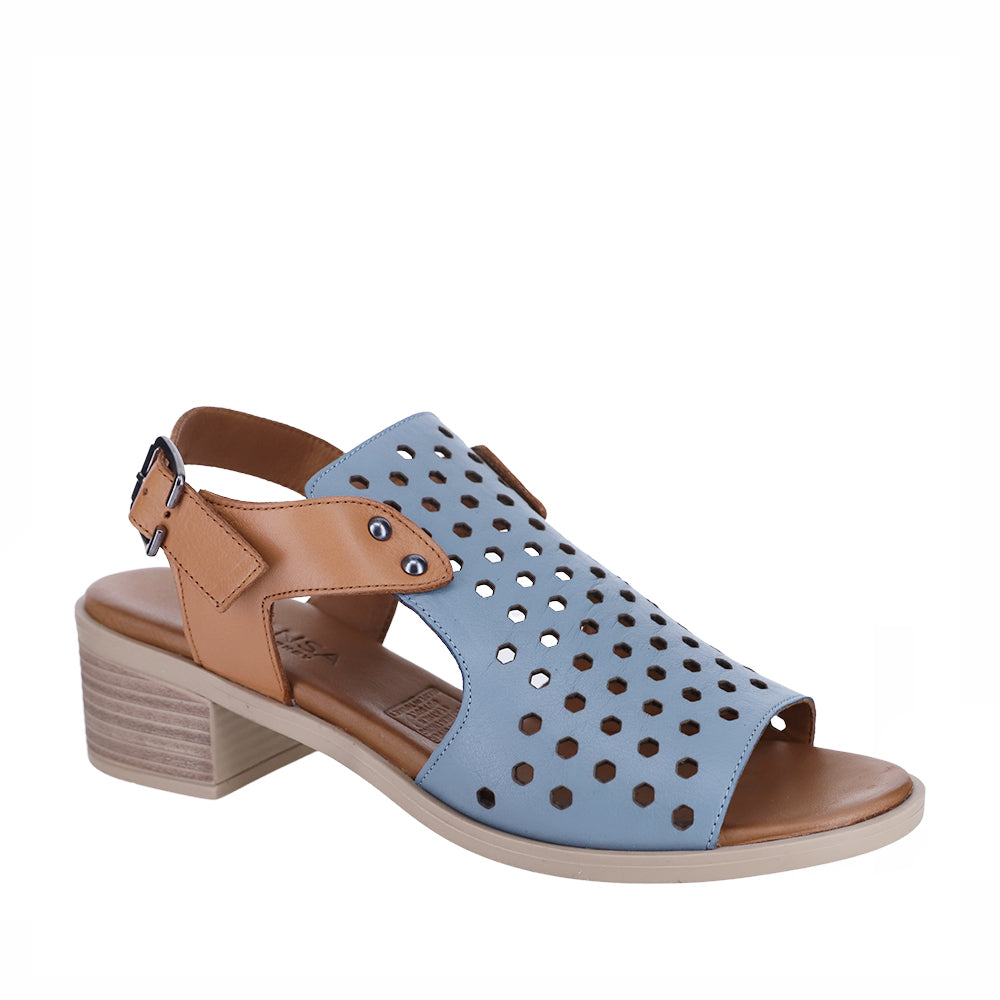 Le Sansa Lesansa Doha navy tan sandals with open toe design and ankle straps, displayed on a neutral background.