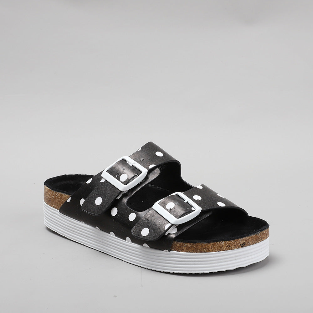 LE SANSA Duke black dot flats with pointed toe and slip-on design, featuring a stylish black dotted pattern.