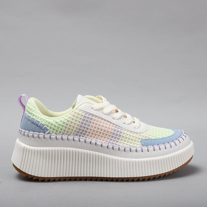 Le Sansa Dunk Blue Multi sneakers showing side view with blue, multi-color design and white sole.