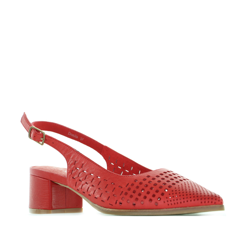 Red Le Sansa Drusilla sandals with open toes and strappy design, featuring a stylish and comfortable footwear style.