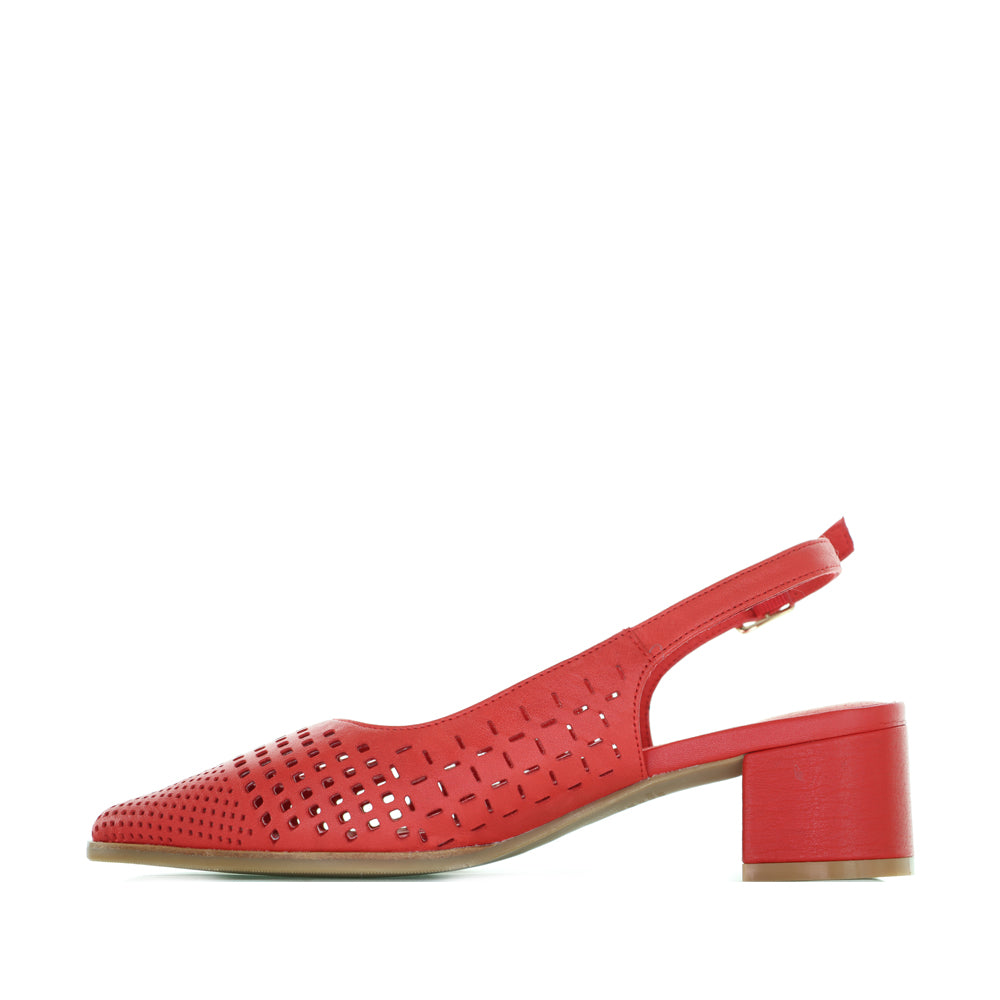 Le Sansa Drusilla Red sandals with strappy design and flat sole, displayed on a neutral background.
