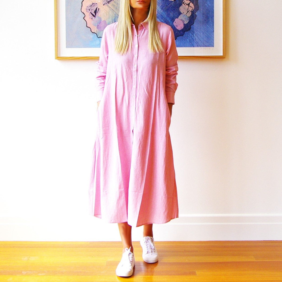 Pink and white striped long yarn dress by Who's Charlie, featuring a stylish and comfortable design for girls.