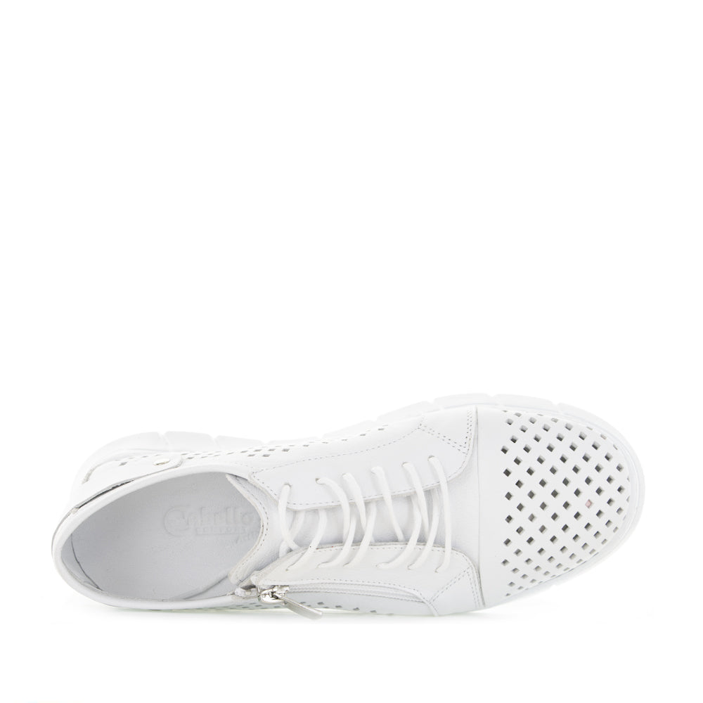 White Cabello EG172 sneakers with a sleek design and white laces, shown from a side angle.