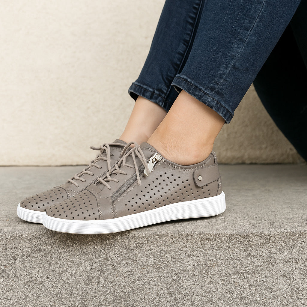 Cabello EG17 Stone sneakers with beige and gray fabric upper, white sole, and stylish casual design.