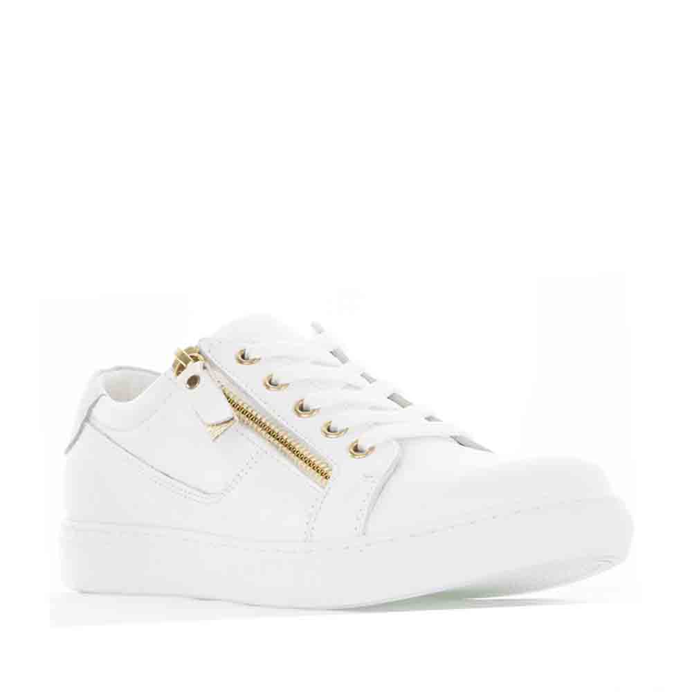 White Cabello EG520 sneakers featuring a sleek design and comfortable fit, shown from the side view.