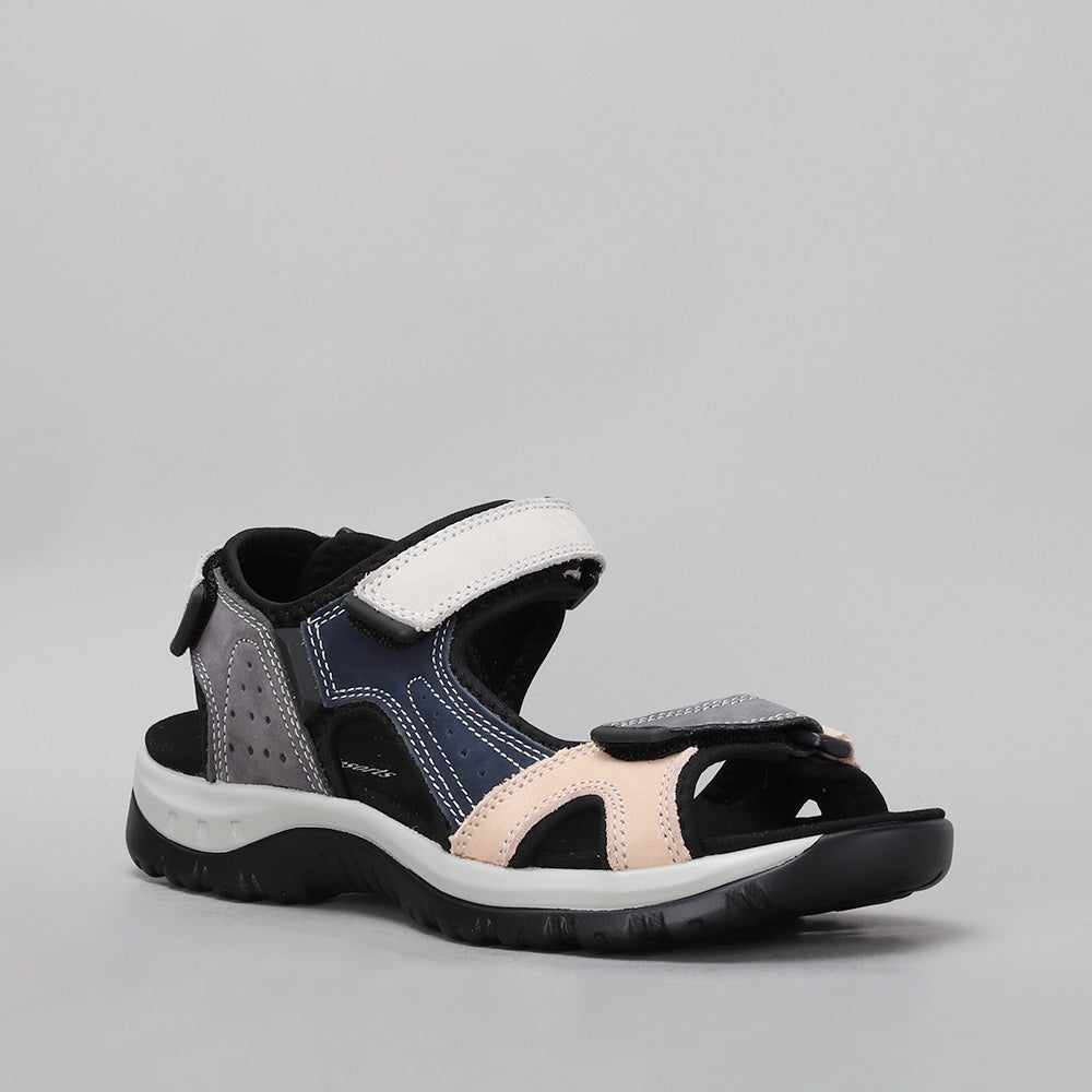 CC Resorts Ekam blush grey sandals with multi-colored straps, featuring a casual slip-on design and comfortable footbed.