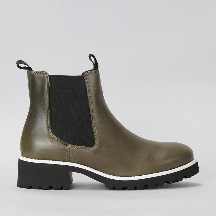 Le Sansa Elby olive leather boots shown from the side, highlighting stylish ankle design and sleek leather finish.