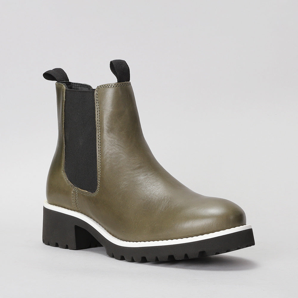 Le Sansa Elby olive leather boots with sleek design and ankle-high style, shown on a neutral background.