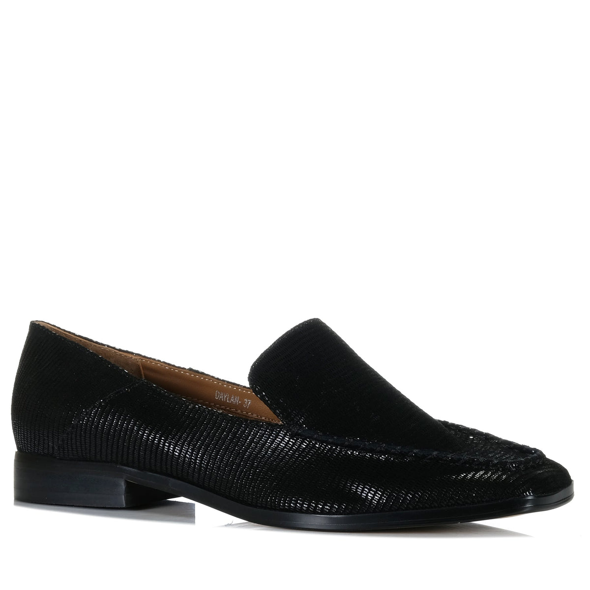 Eos Daylan black embossed loafers with sleek design and textured leather, showcasing the stylish slip-on footwear.