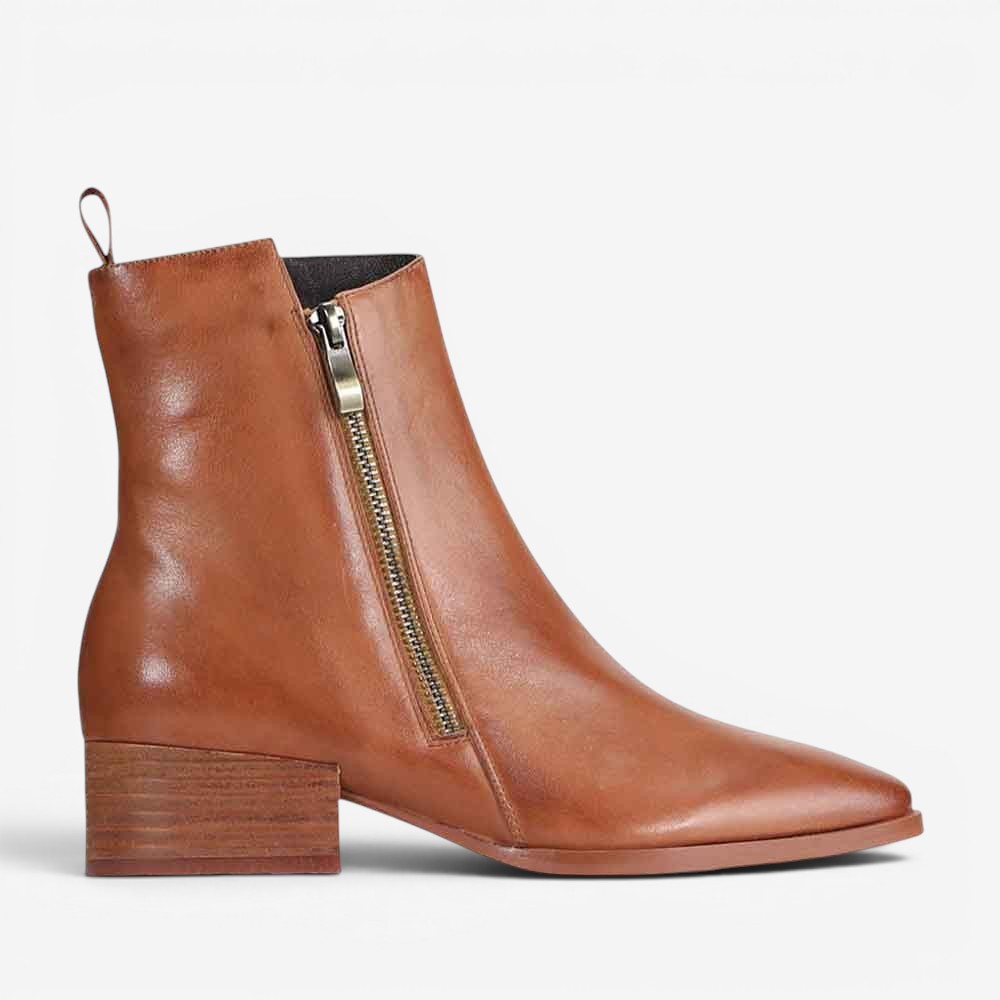 Pair of EOS Kendra Brandry boots in brown leather with decorative stitching and sturdy rubber soles.