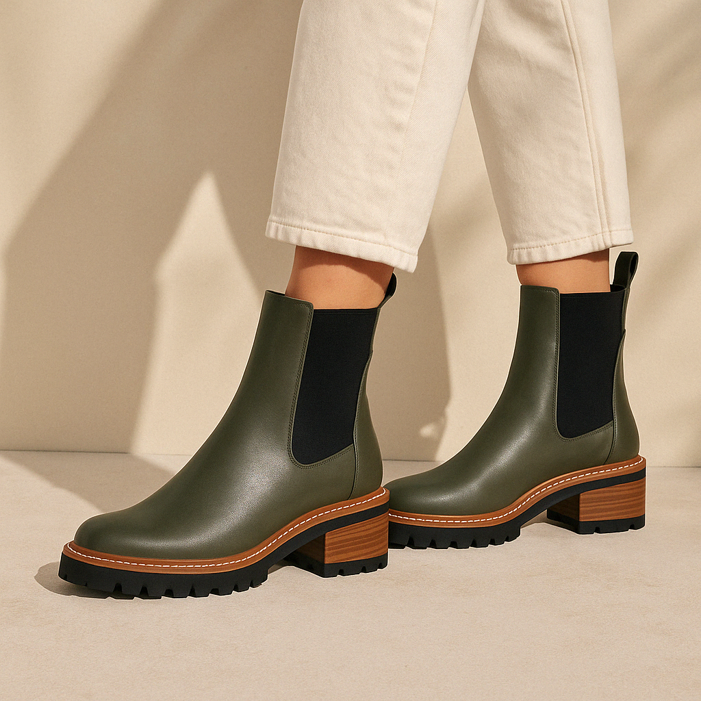 Eos Linear Dark Olive boots with sleek design and dark olive color, featuring sturdy soles and stylish ankle height.