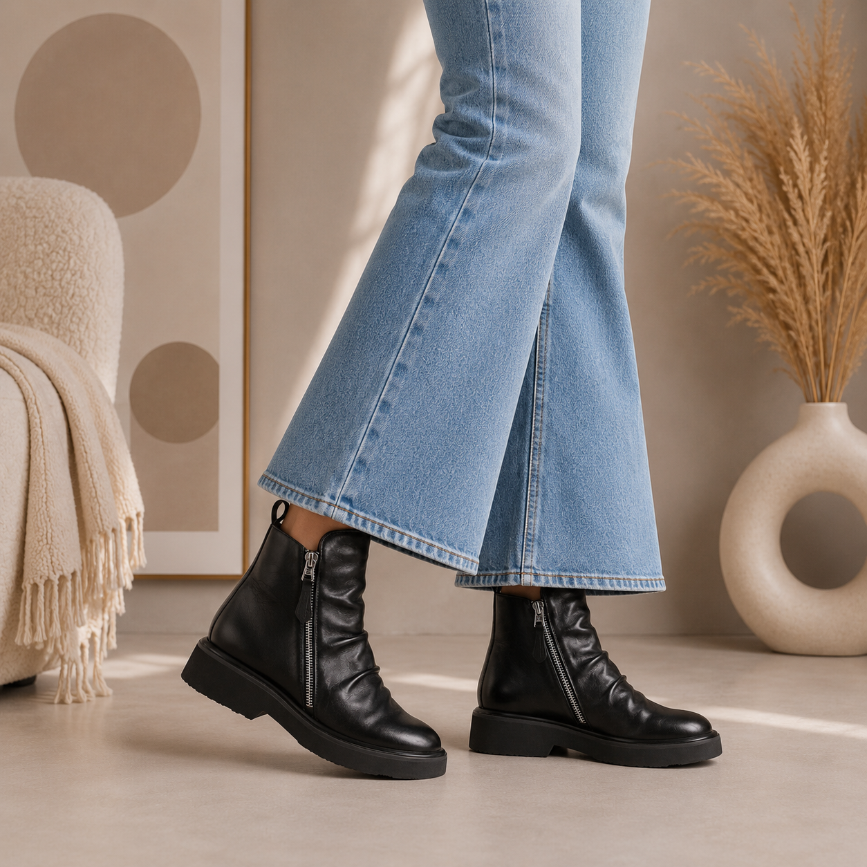 Black EOS Theona boots with lace-up front and chunky heel, stylish footwear for casual or chic occasions.