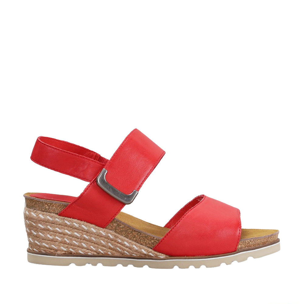 Le Sansa Evita red sandals showing side view with open toe design and ankle strap on a neutral background