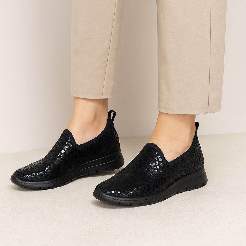 Euroflex Florence Leopard slip-on shoes with leopard print fabric and comfortable design, shown in the image.