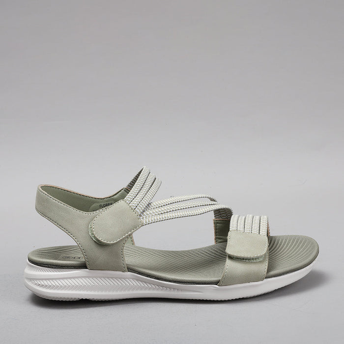 CC Resorts Florrie tan khaki sandals with open toes and ankle straps, displayed on a neutral background.