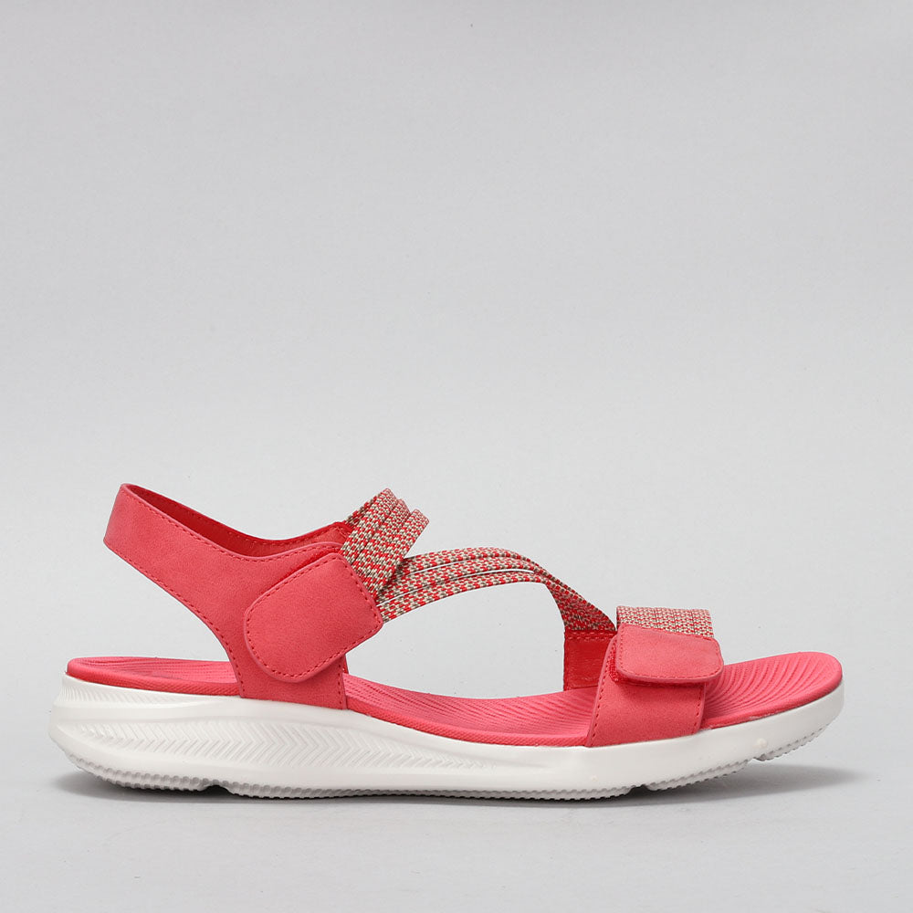 CC Resorts Florie Red Multi sandals showing side view with straps and colorful pattern, stylish and comfortable footwear.
