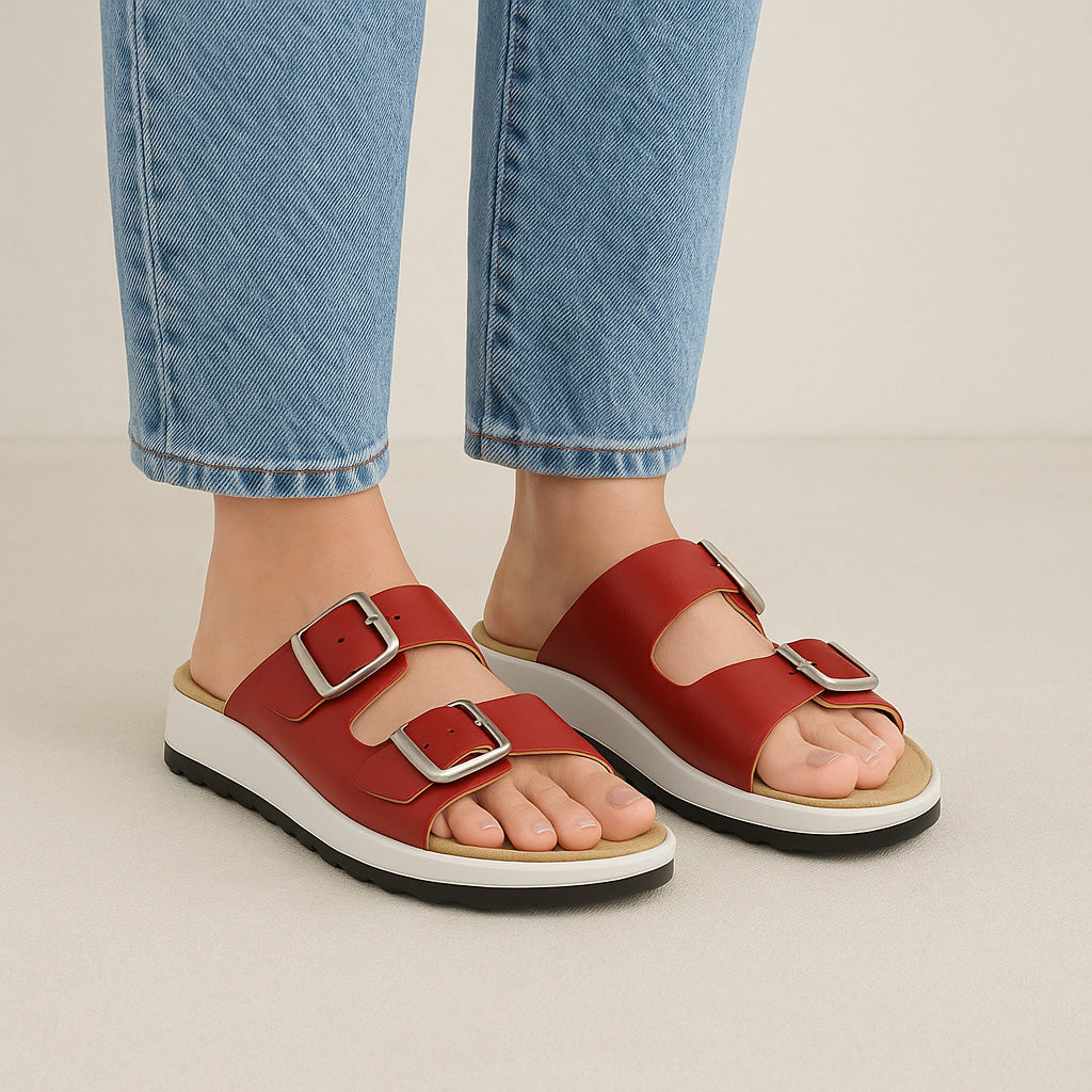 Fly Flot flats in red, featuring a sleek design with comfortable slip-on style and stylish detailing.