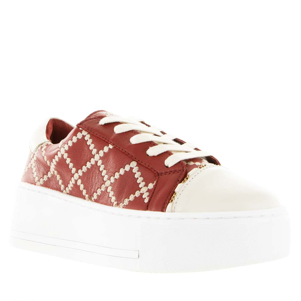 Alfie & Evie Frankie Cream Rosso sneakers featuring cream and red color blocking, stylish casual footwear with a sporty design.