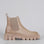EOS Fea taupe boots showing outside view with stylish ankle-high design and textured leather upper.
