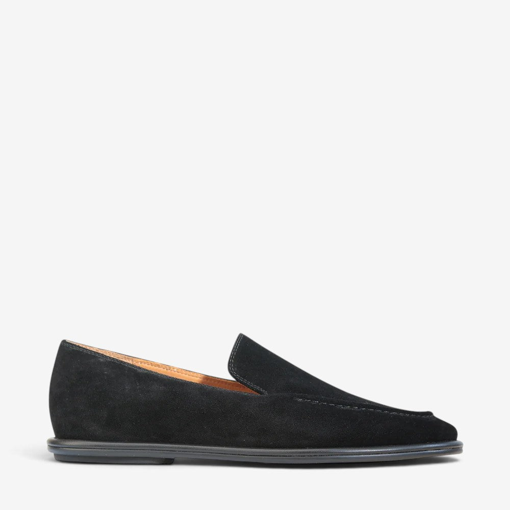 Eos Felicity black loafers made of soft black suede, featuring a sleek design and comfortable slip-on style.