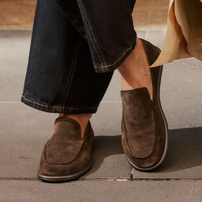 EOS Felicity mahogany suede loafers shown from a foot-focused angle, highlighting the stylish design and rich suede texture.
