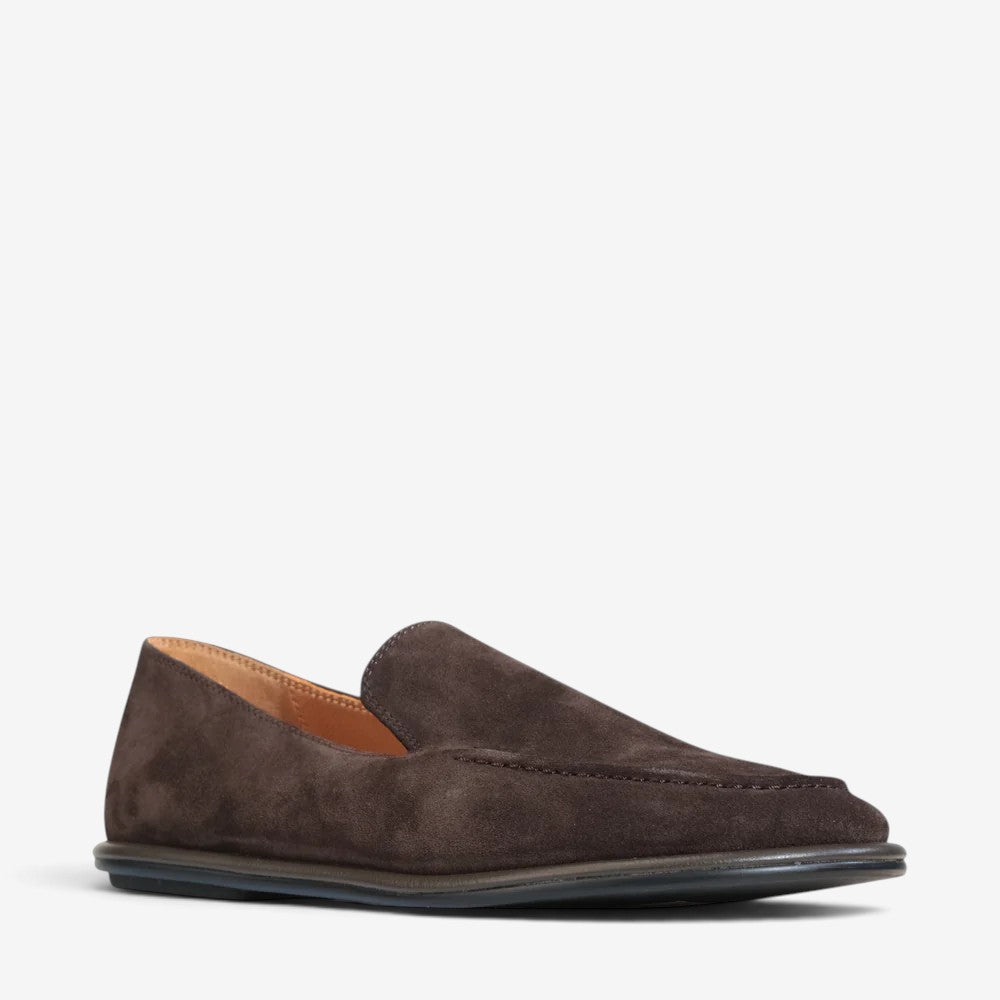 Eos Felicity mahogany suede loafers with a sleek design and rounded toe, displayed on a white background.