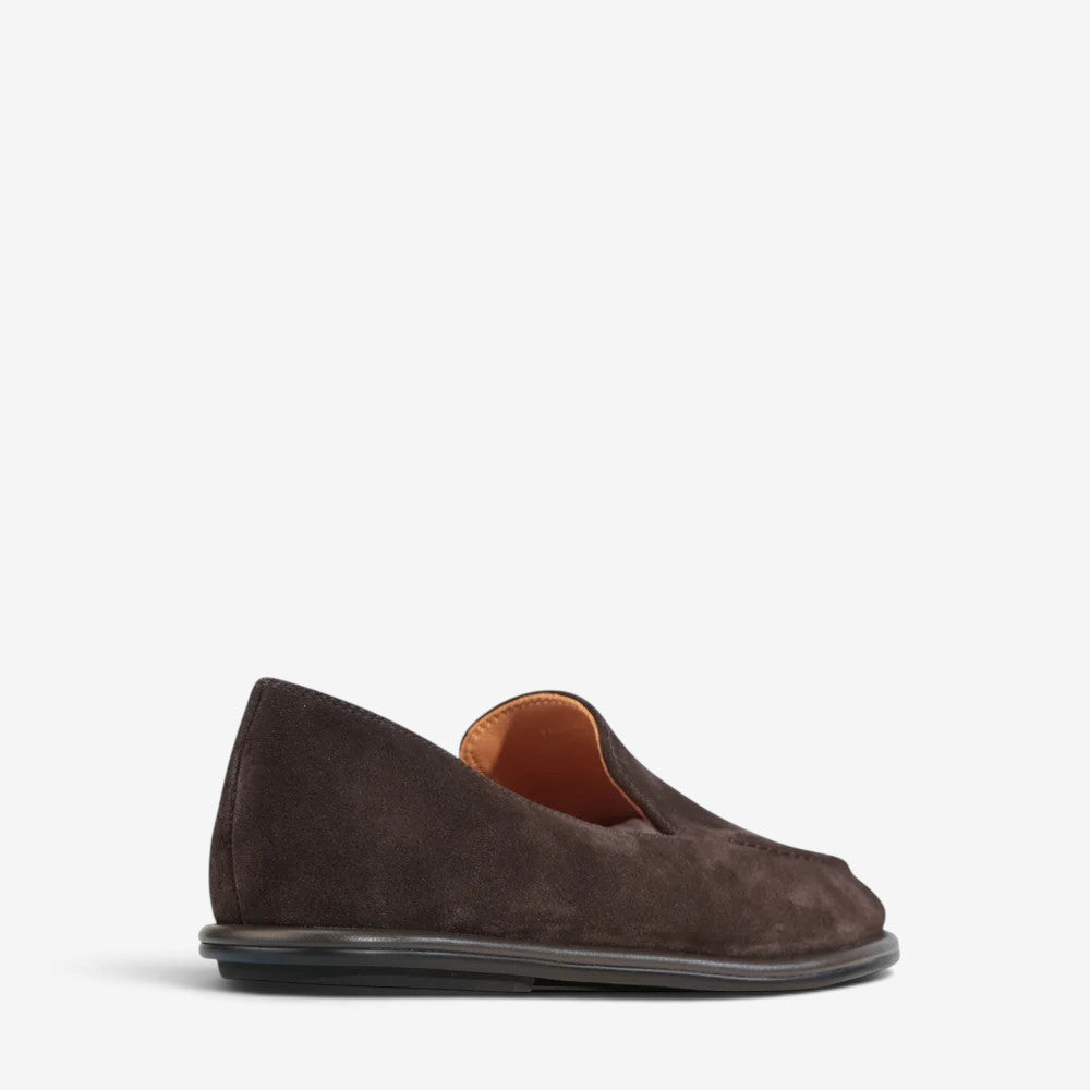 Eos Felicity mahogany suede loafers with a sleek design and comfortable slip-on style.