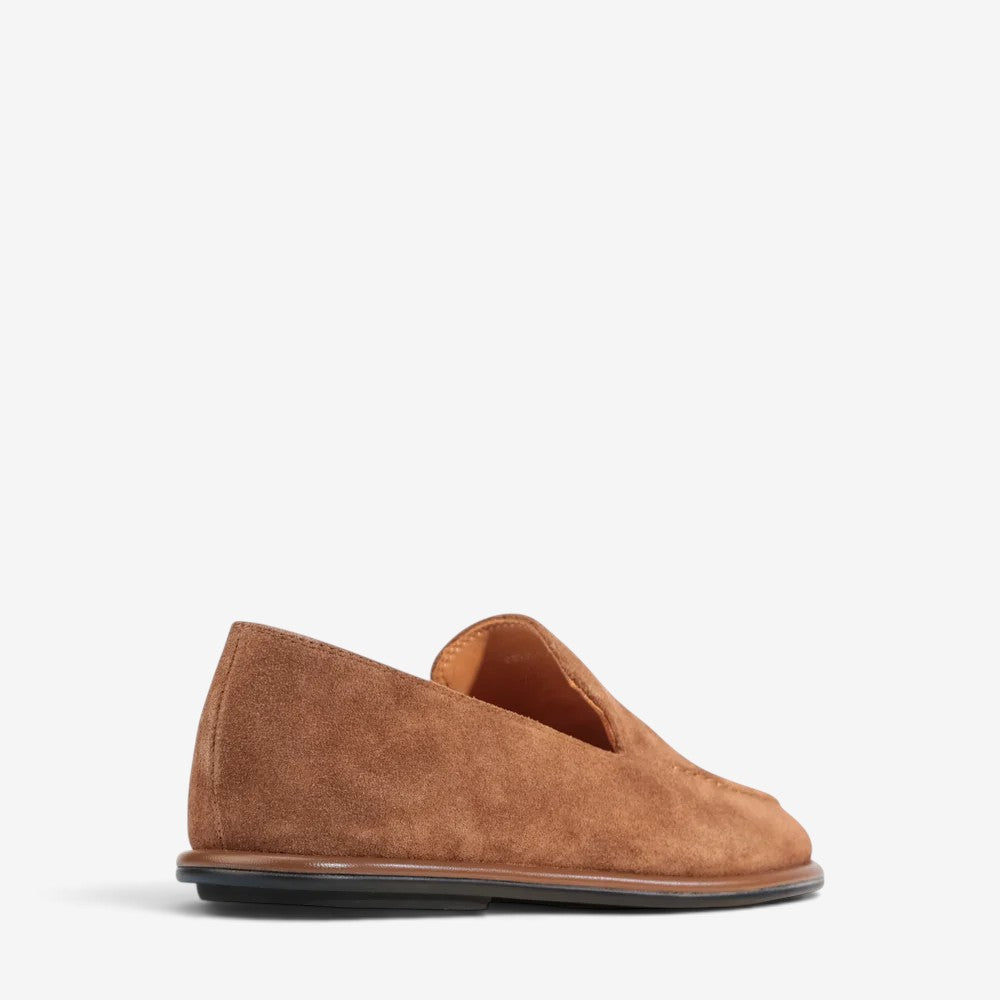 Eos Felicity Tobacco suede loafers with slip-on design and stitching detail, stylish footwear for casual or formal wear