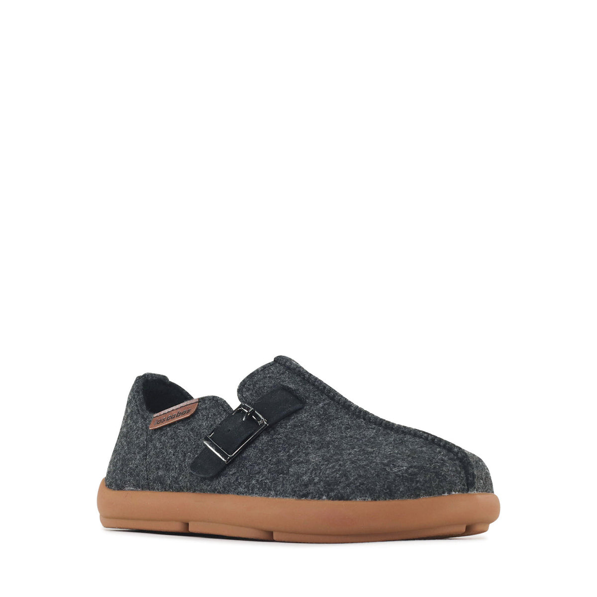 Los Cabos Feltsome graphite slippers with soft felt material and sleek design, shown on a white background.