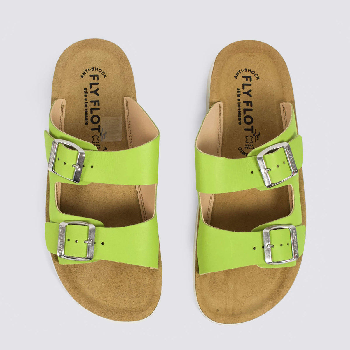 Fly Flot Verdino flats with green leather upper and slip-on design, casual footwear for comfortable everyday wear.
