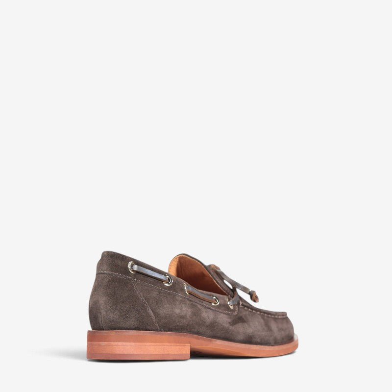 Eos Fortuna Mahogany suede loafers with sleek design and stitching detail, showcasing stylish men's footwear.