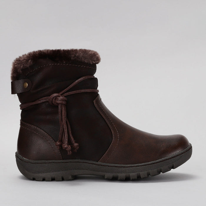 CC Resorts Gemma chocolate boots shown from the side, featuring stylish design and comfortable ankle-height fit.