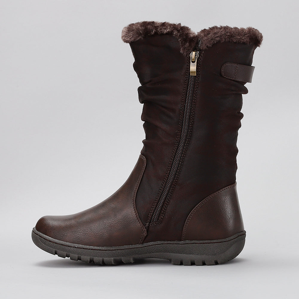 CC RESORTS goose chocolate winter boots with faux fur lining and sturdy sole, ideal for cold weather.