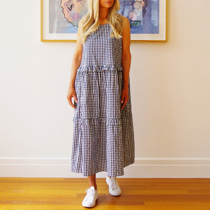 Who’s Charlie Rosie sleeveless indigo dress, casual style, lightweight fabric, displayed on a hanger.