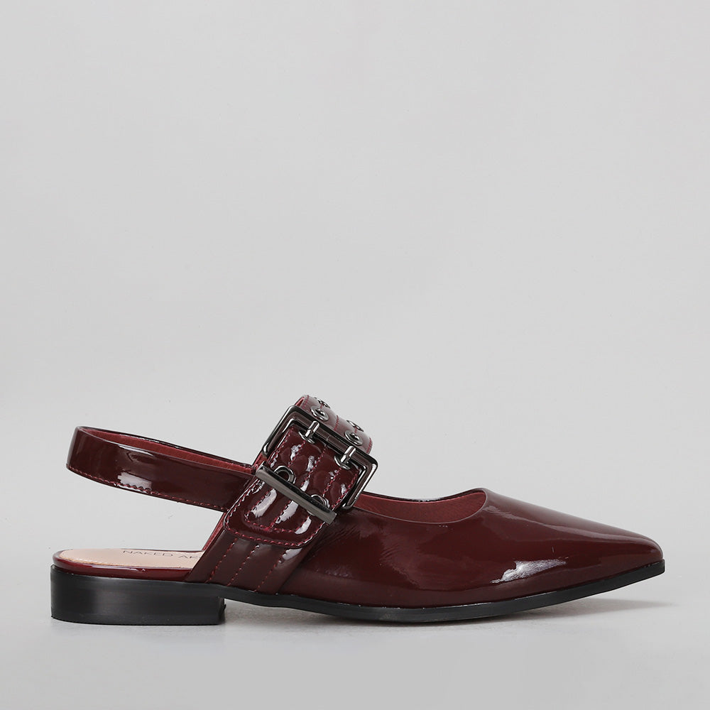 Naked Arches Homer Merlot patent leather sandals with side view showing sleek design and open toe style.