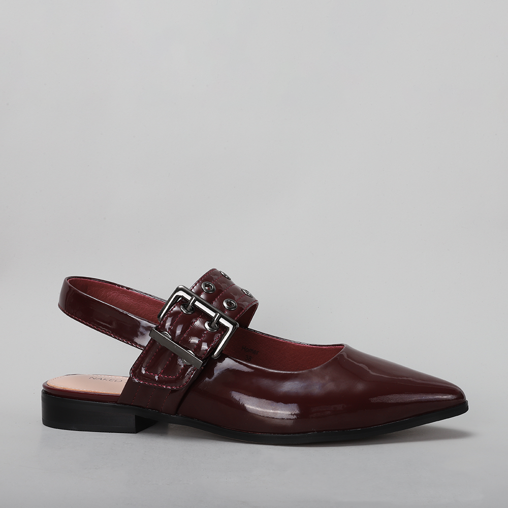 Naked Arches Homer Merlot sandals featuring burgundy leather straps and comfortable footbed, displayed on a neutral background.