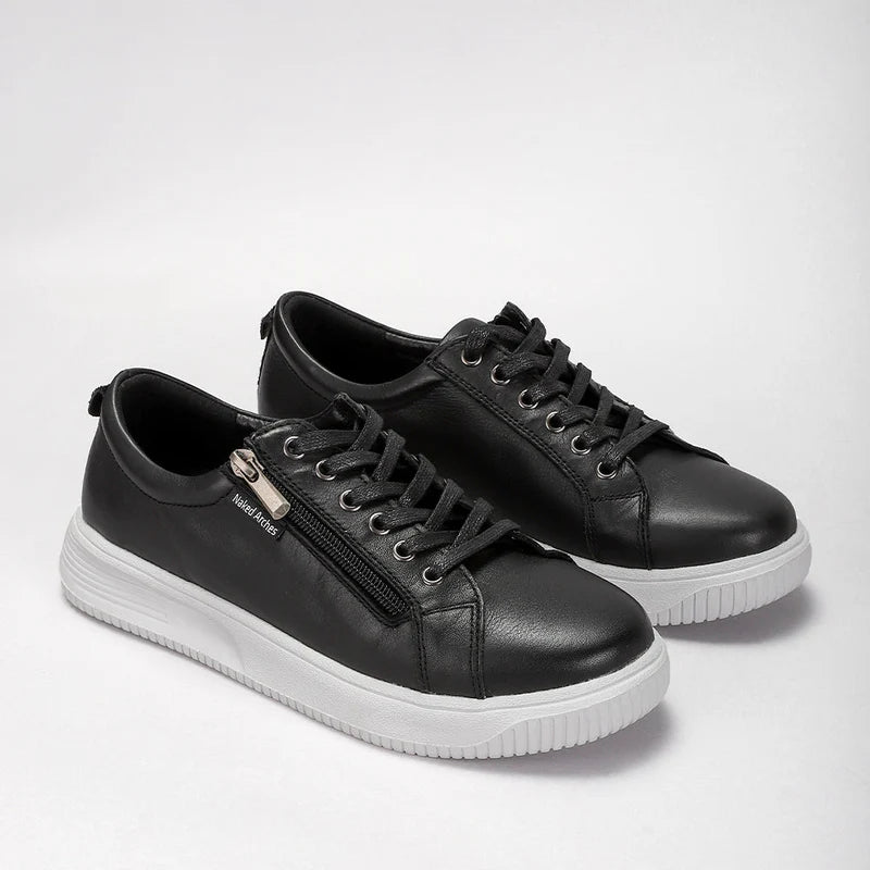 Black NAKED ARCHES NELLY sneakers featuring sleek design and comfortable fit, shown from a side angle.