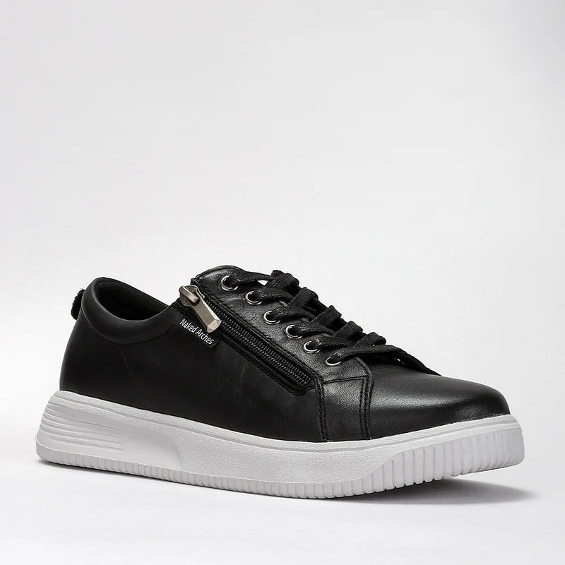 Naked Arches Nelly black sneakers with stylish design and comfortable fit, featuring black leather and trendy laces.