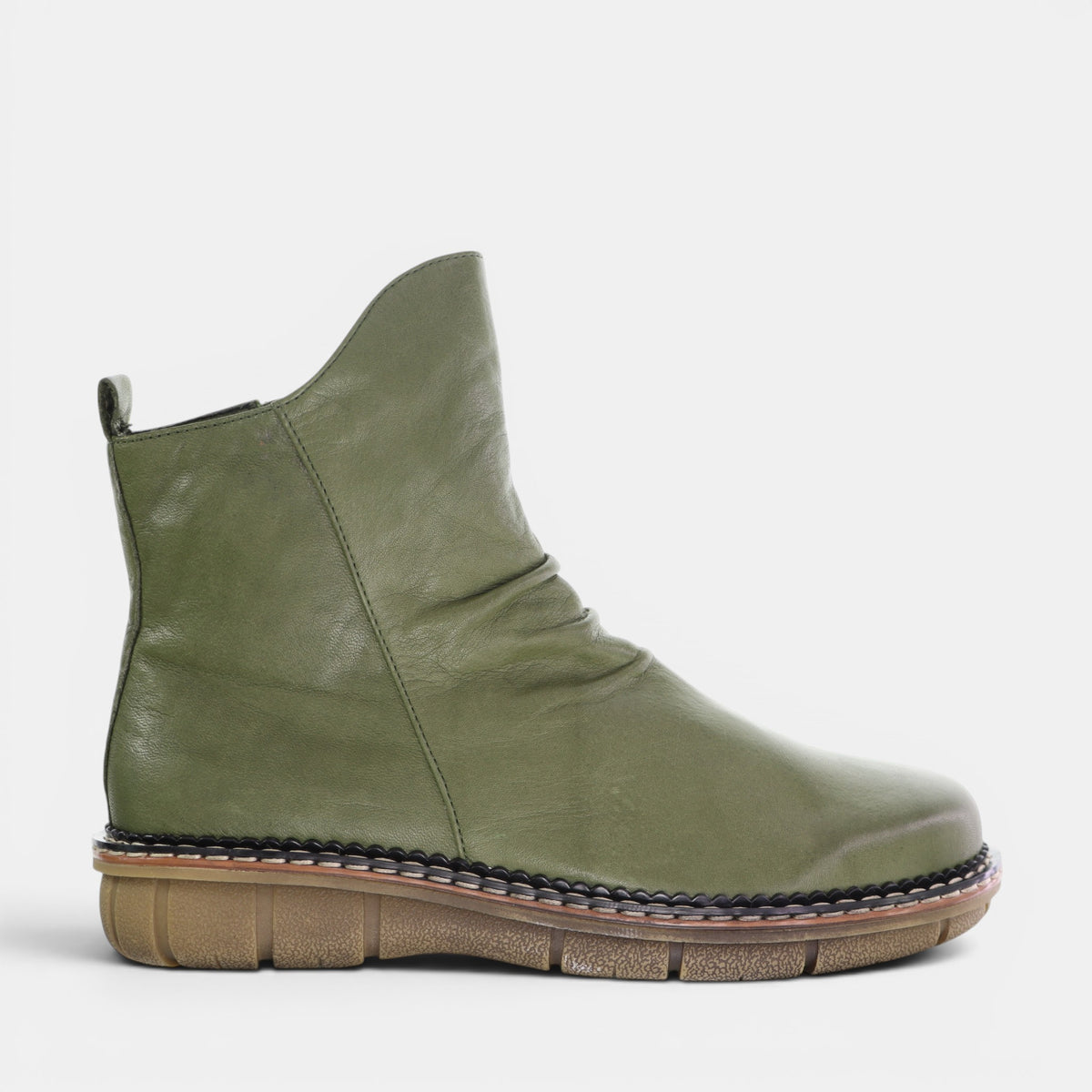 Le Sansa Noor Olive boots showing stylish ankle-length leather footwear with olive green color and sleek design.