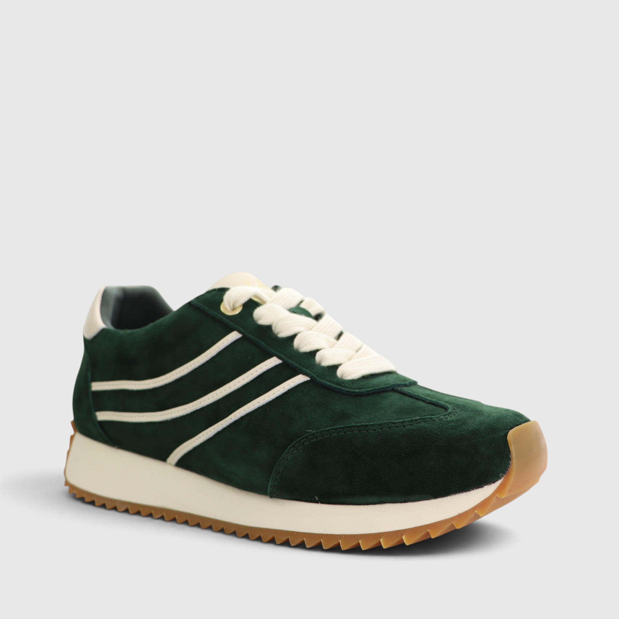 Naked Arches Wednesday DK Green sneakers with green suede and mesh uppers, white rubber soles, and stylish lacing.