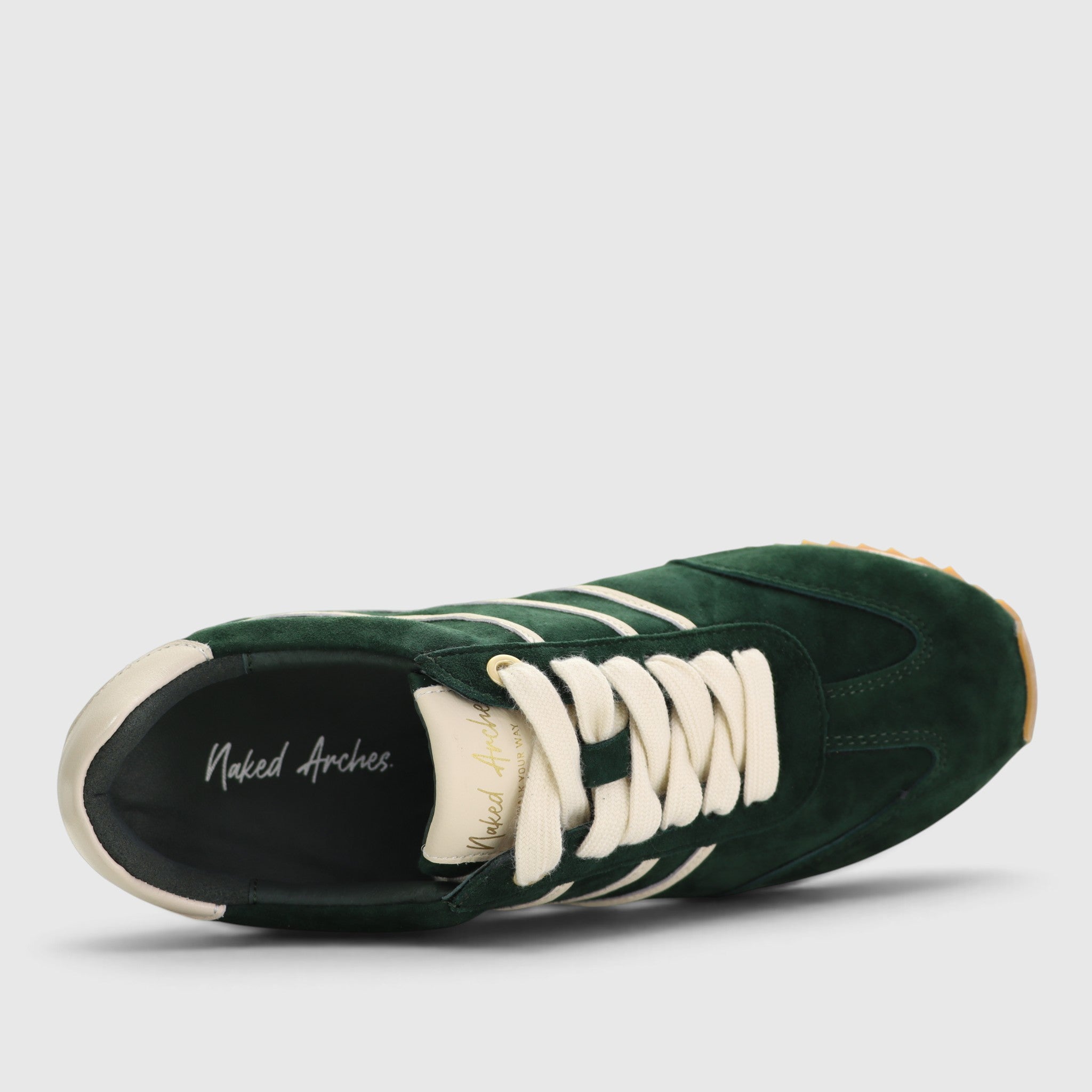 Naked Arches Wednesday DK Green sneakers with green and white design, featuring comfortable lace-up style and casual athletic look.