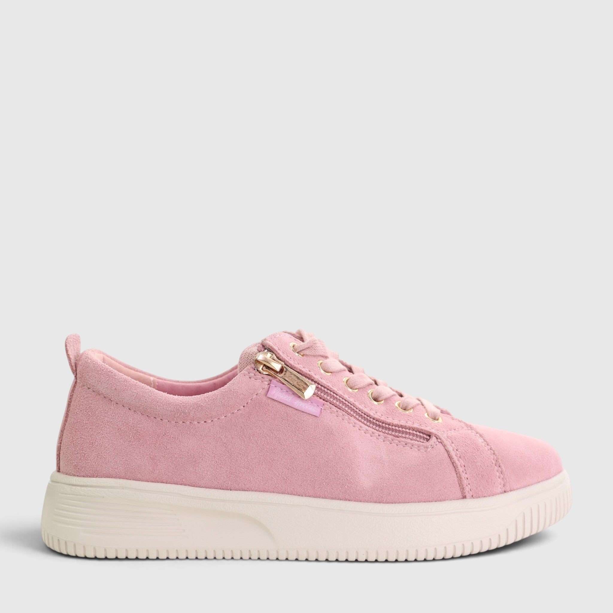 Pink NAKED ARCHES NELLY baby sneakers with white soles and laces, featuring a sleek, stylish design for young children.