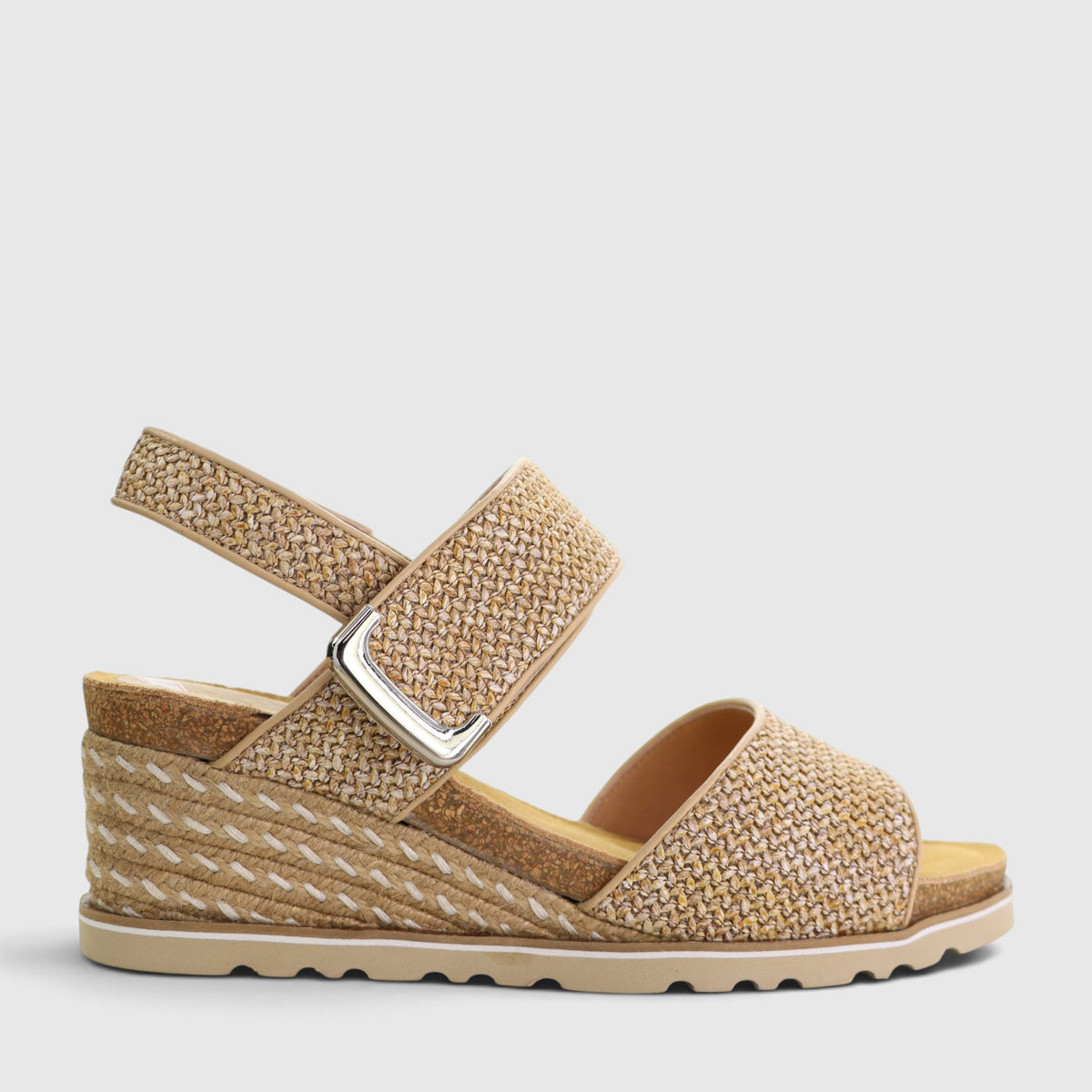 Le Sansa Evita beige raffia sandals with open toes and ankle straps, stylish and lightweight for summer wear.