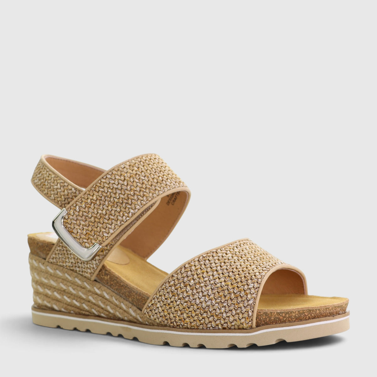 Le Sansa Evita beige raffia sandals with open toe and ankle strap, stylish and comfortable for casual summer wear.