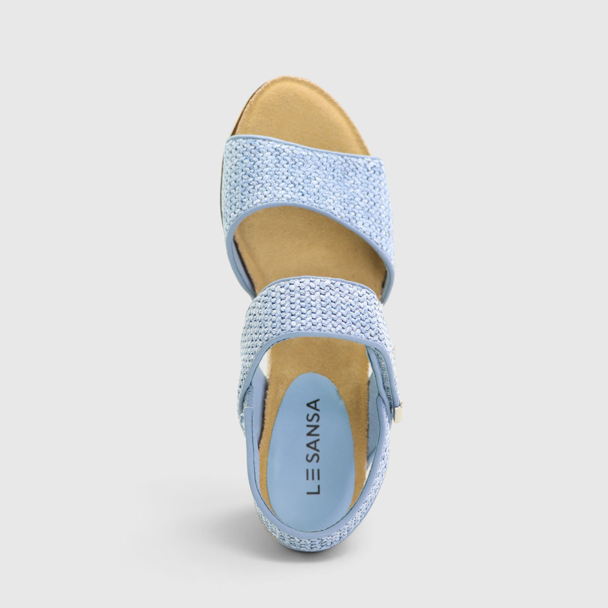 Le Sansa Evita baby blue sandals with open toes and ankle straps, stylish footwear for casual or summer wear.