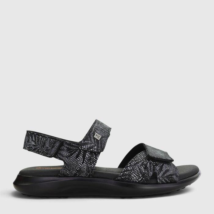 Black Arcopedico Corbett sandals with open toe design and adjustable straps, displayed on a neutral background.
