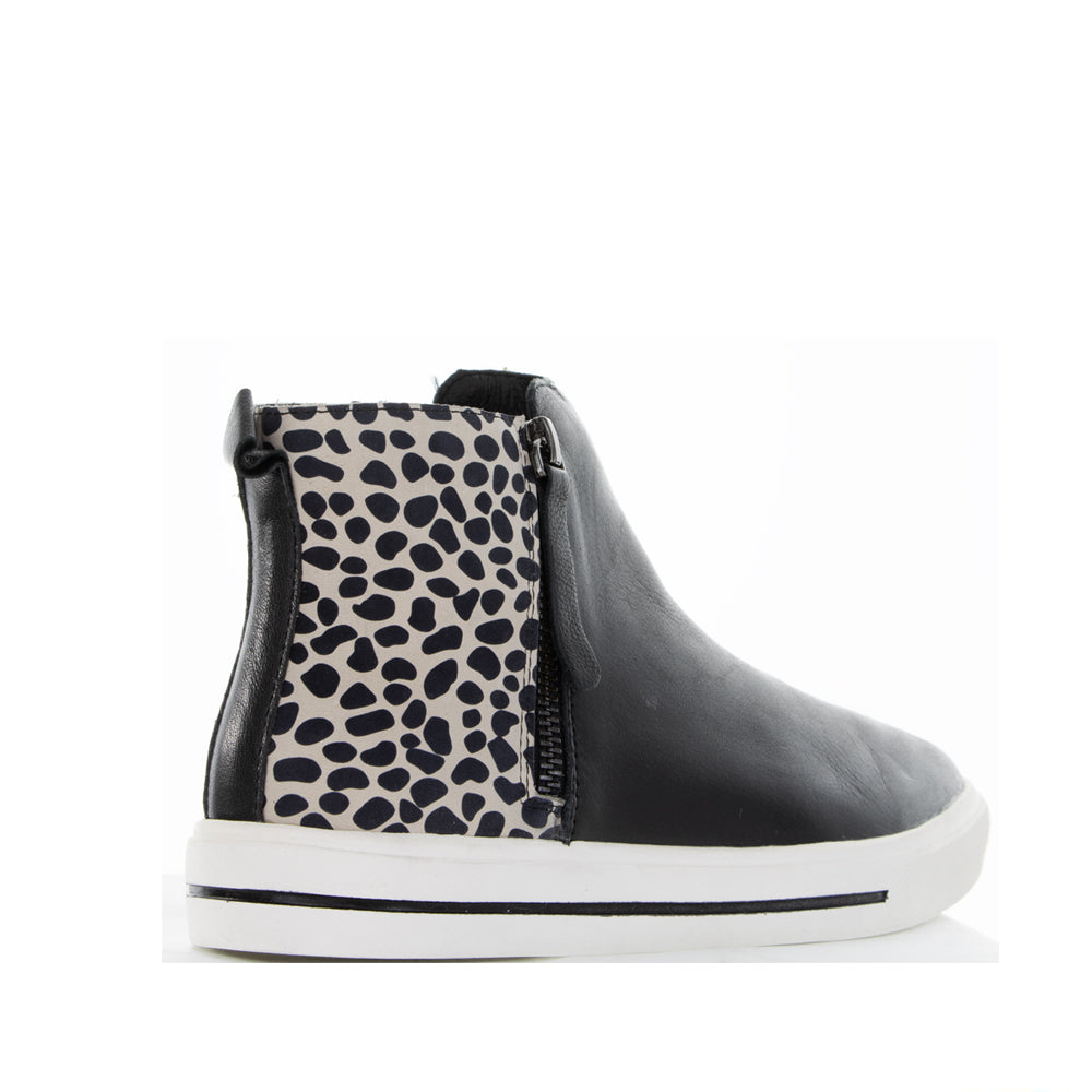 Le Sansa Indo Black Leopard boots featuring black leopard print design and ankle-high style with stylish laces.