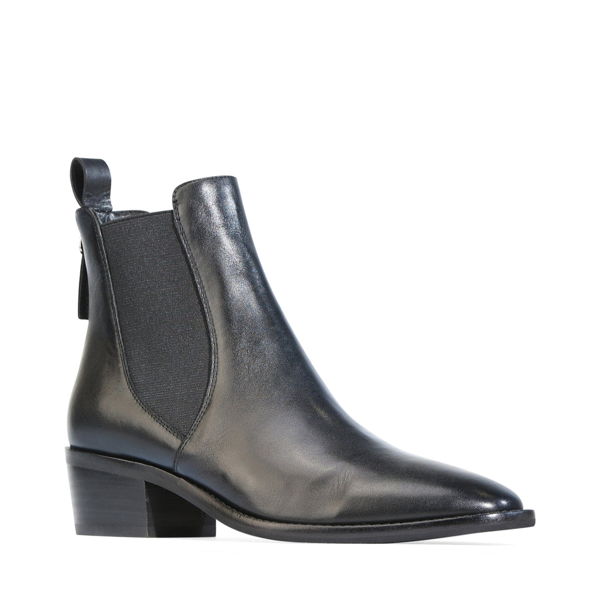Eos Ila Black boots featuring sleek black leather, pointed toe design, and stylish ankle height, perfect for versatile fashion.