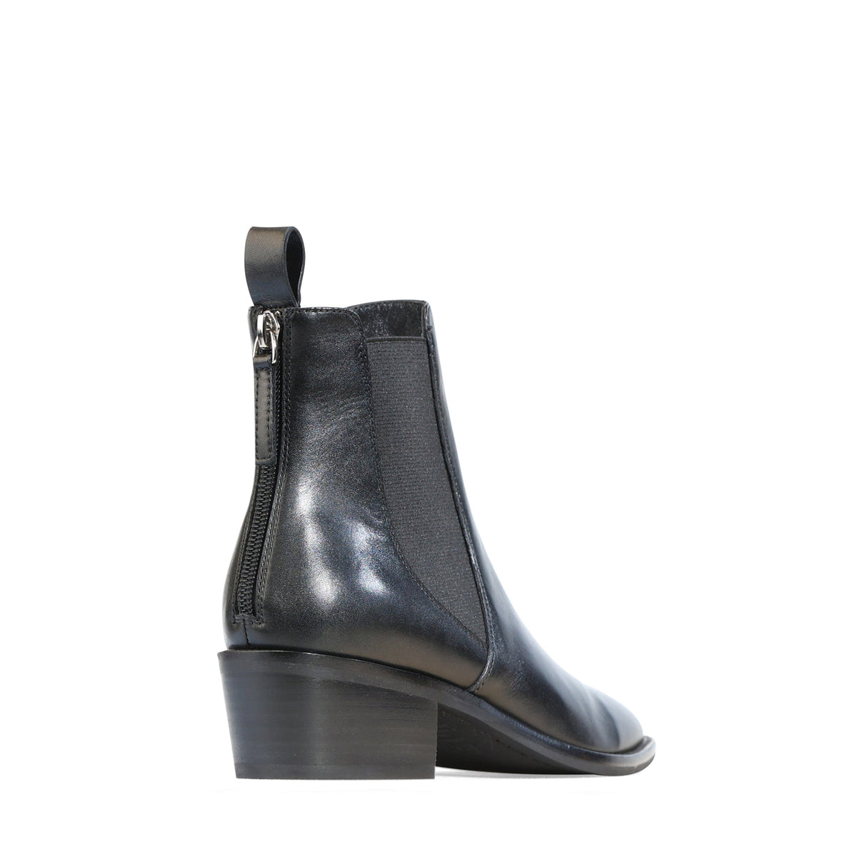 Black EOS Ila ankle boots with sleek leather design and minimal detailing, perfect for stylish casual or dressy wear.
